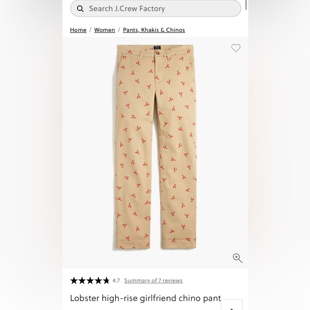 NWT J. Crew factory girlfriend chino women’s khakis with lobster print, size 0